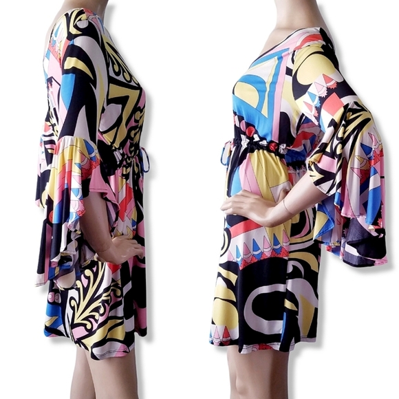 Black, Pink, Yellow & Blue Retro Mod Inspired Bell Sleeve Tie Waist Dress - Picture 4 of 8